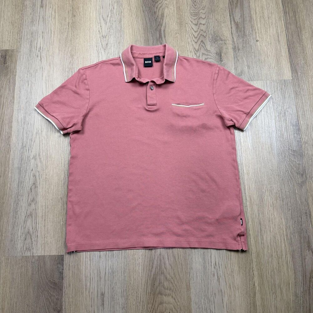 Boss Polo Shirt Mens Medium Pink Short Sleeve Contrast Collar Pocket Casual